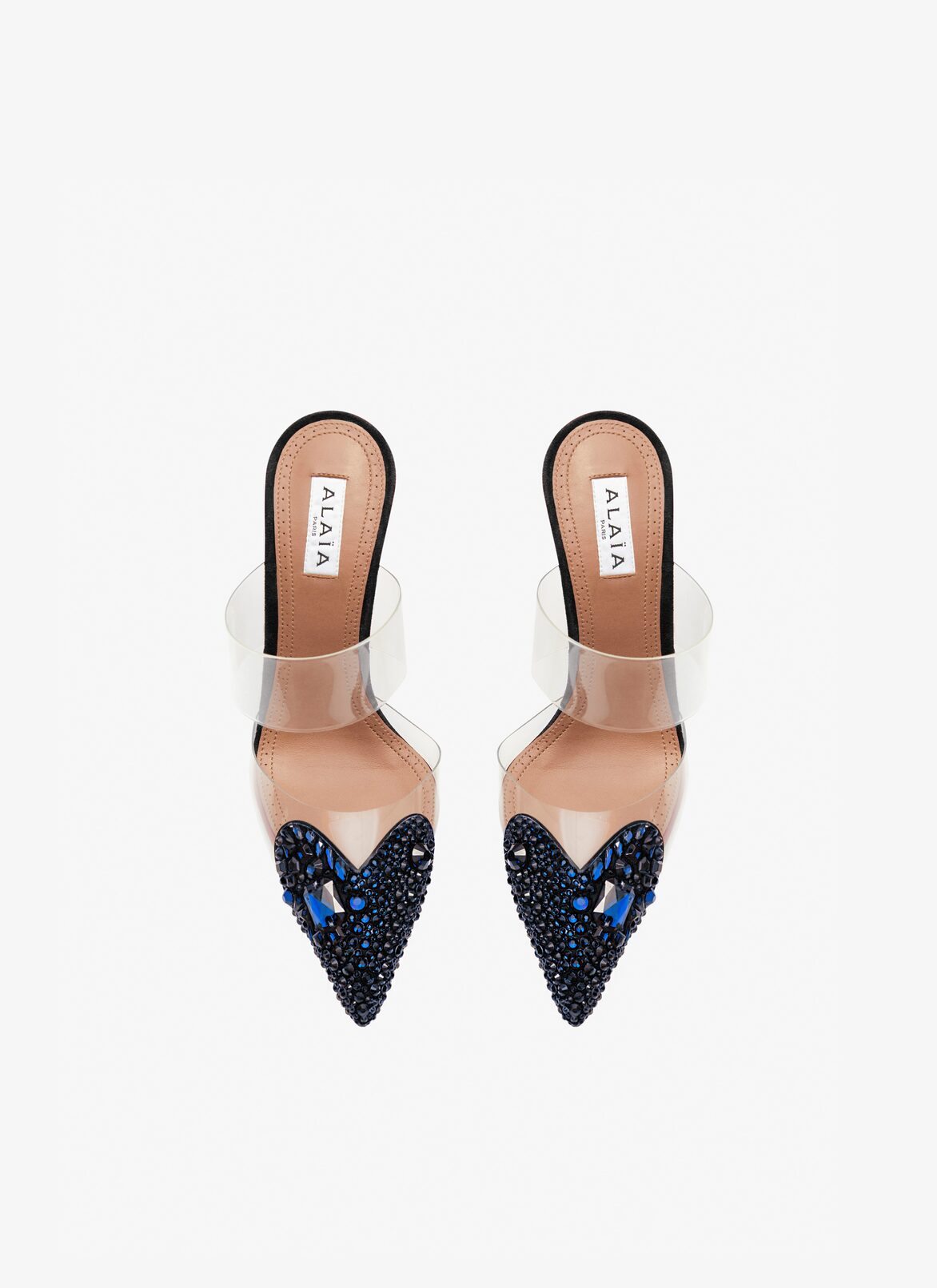 Heart mules in suede goatskin with crystals ALAÏA BLUE HEART MULES IN SUEDE GOATSKIN WITH CRYSTALS